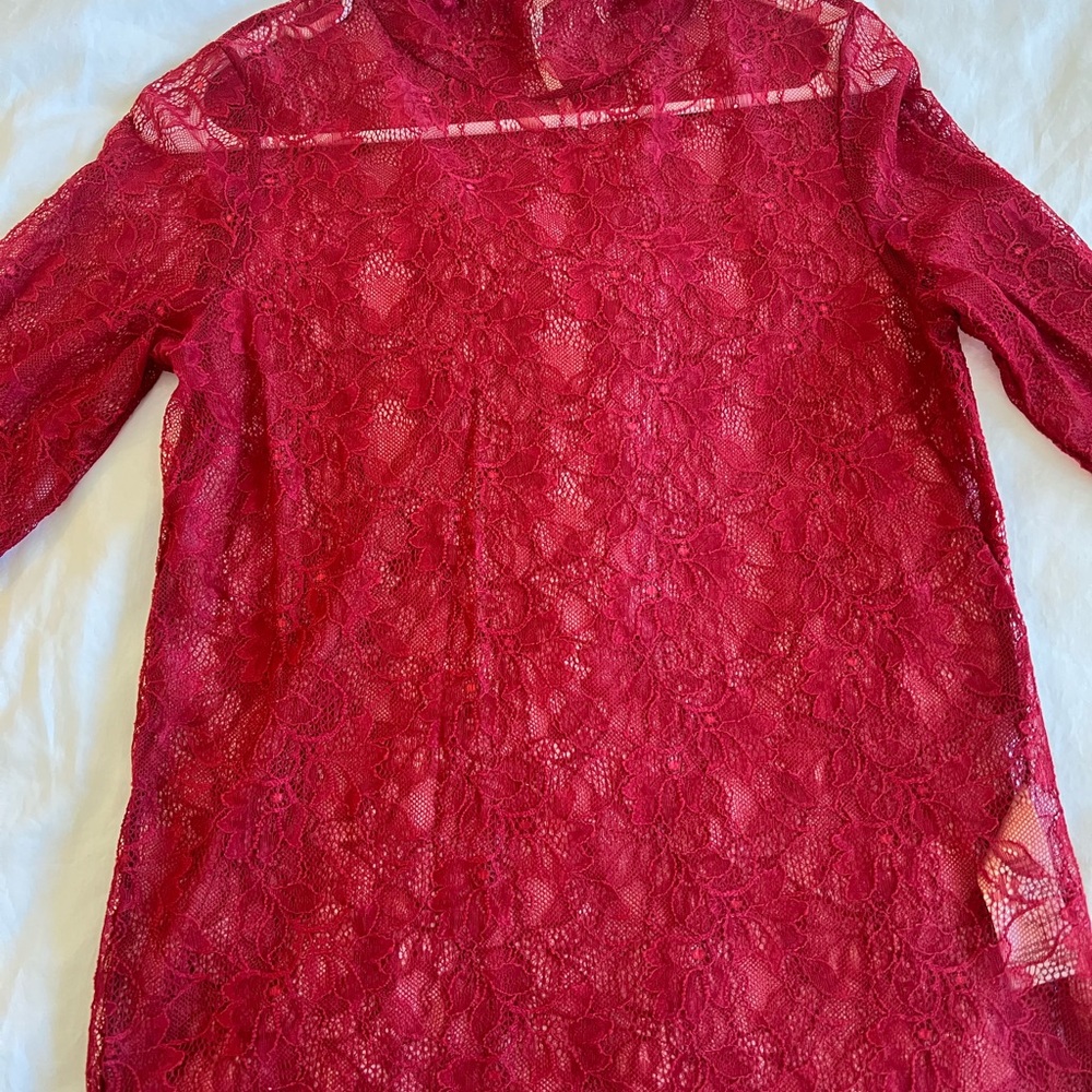 Sheer Floral Lace Long Sleeve Top by Anthropologie - Deep Raspberry